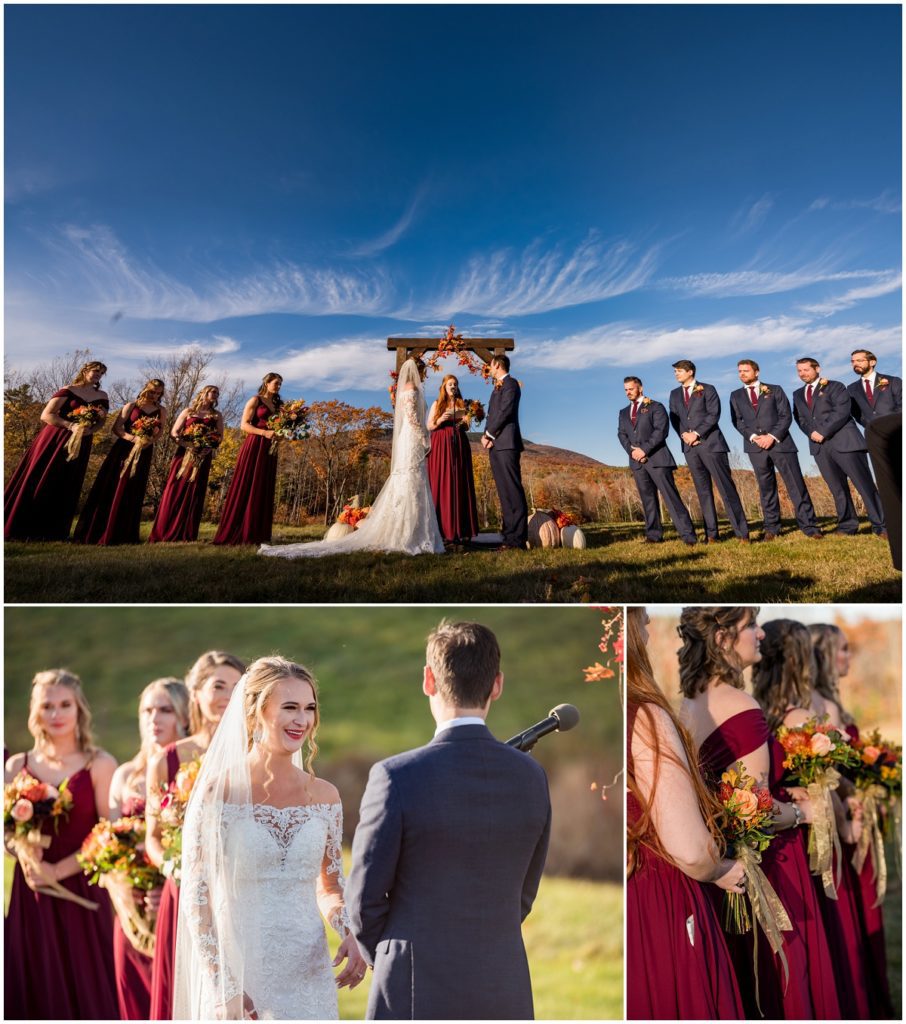 Outdoor ceremony view of mountains in NH and wedding party