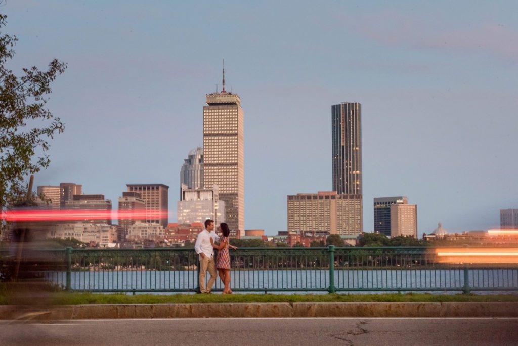 Boston skyline engagement session at dusk