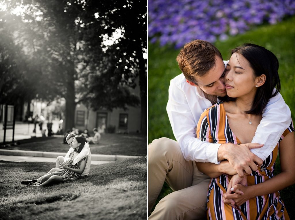 Couple snuggling at Cambridge City Hall Engagement session