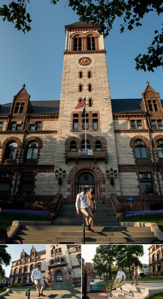 fiance sliding down railing in Cambridge City hall