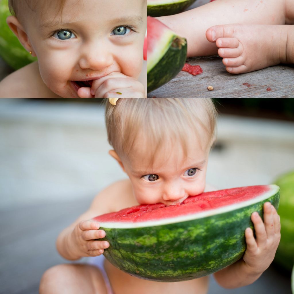 Baby and watermelon in family session at home