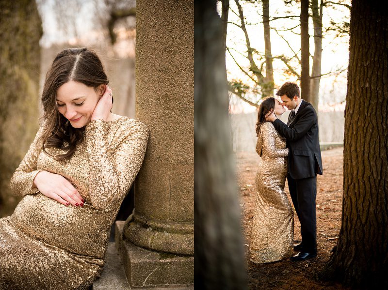 Looking at her maternity bump and couple kissing under a tree during photography session