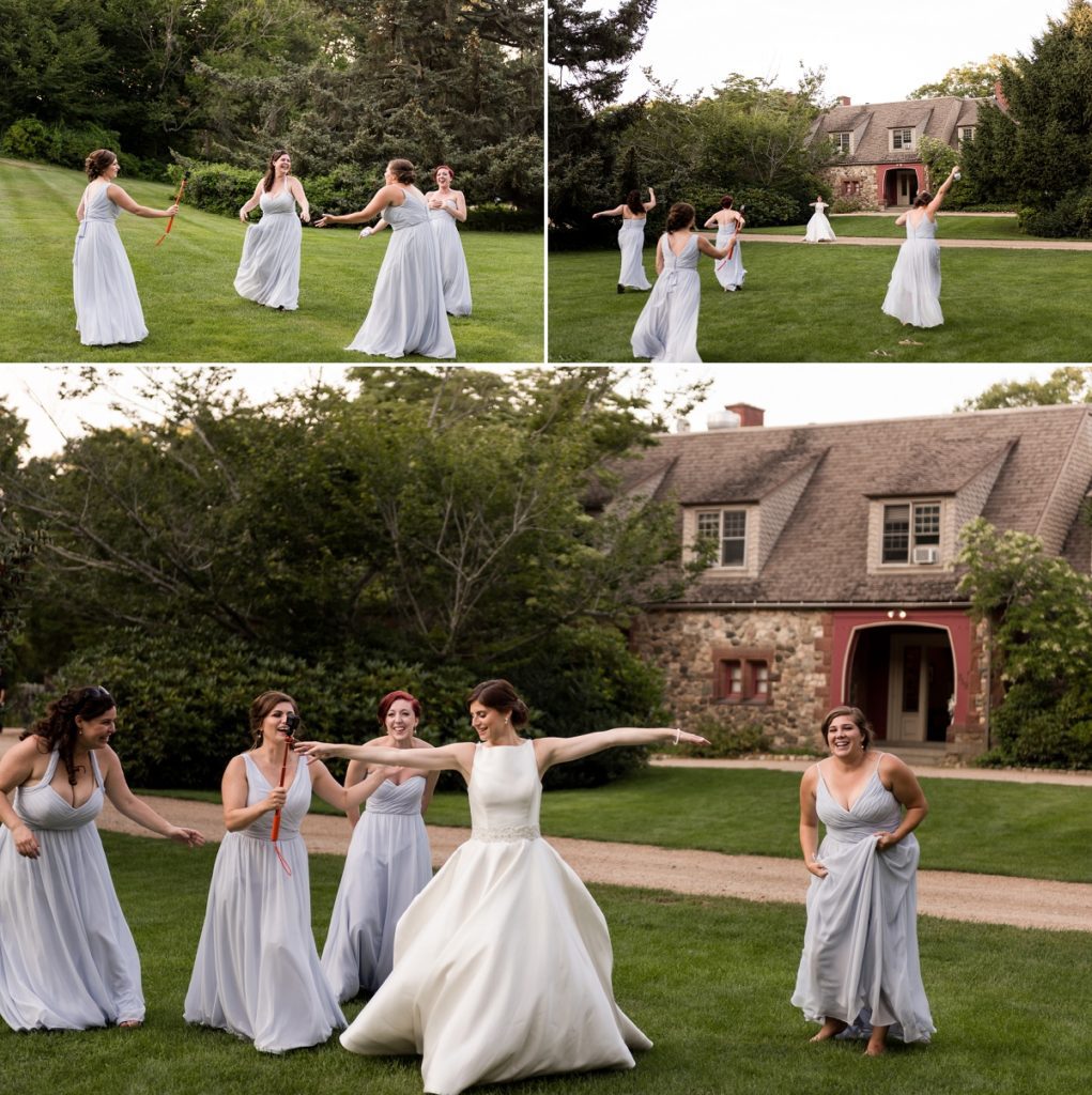 Bridesmaids and bride dancing