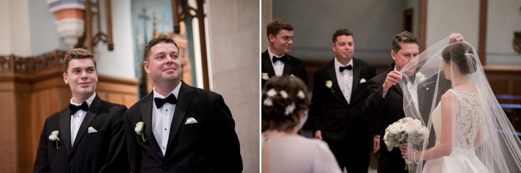 Father walking bride down the aisle and taking off blusher
