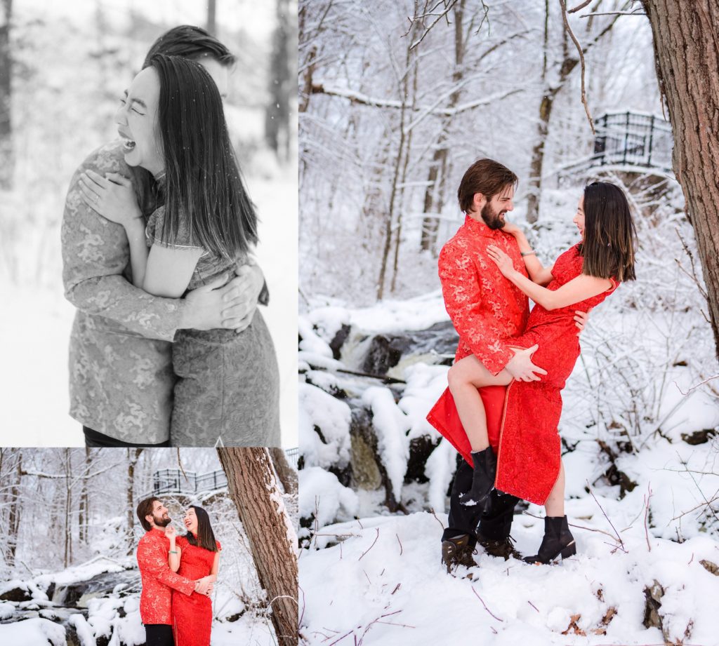 Couple wearing traditional Chinese outfits in their winter engagement session