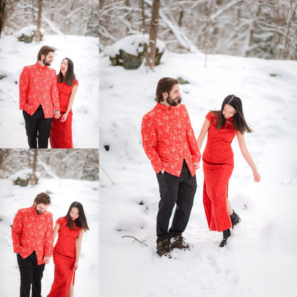 Couple walking through the snow during their elopement in Boston