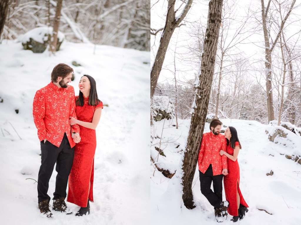 Couple leaning against a tree in Waltham Winter snow engagement