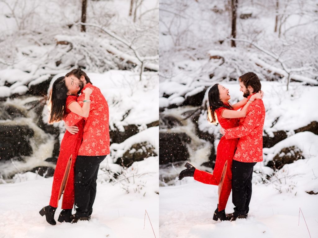 Couple hugging during a photo session in the snow