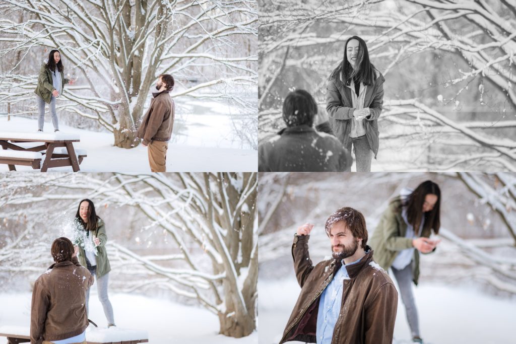 Snow ball fight during winter engagement session