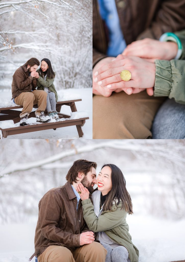engagement ring shown during Winter snow engagement