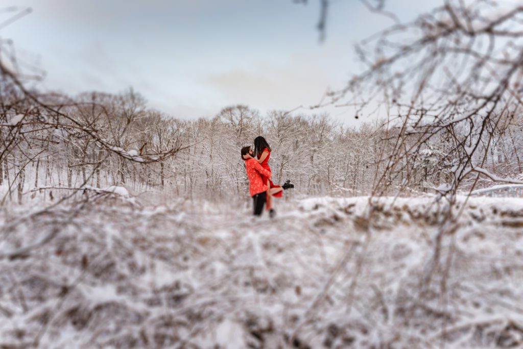 Winter engagement session in the snow in Waltham, MA