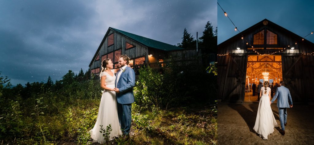Wedding Day Rain photos with reception space Maine Barn Wedding Venue in background