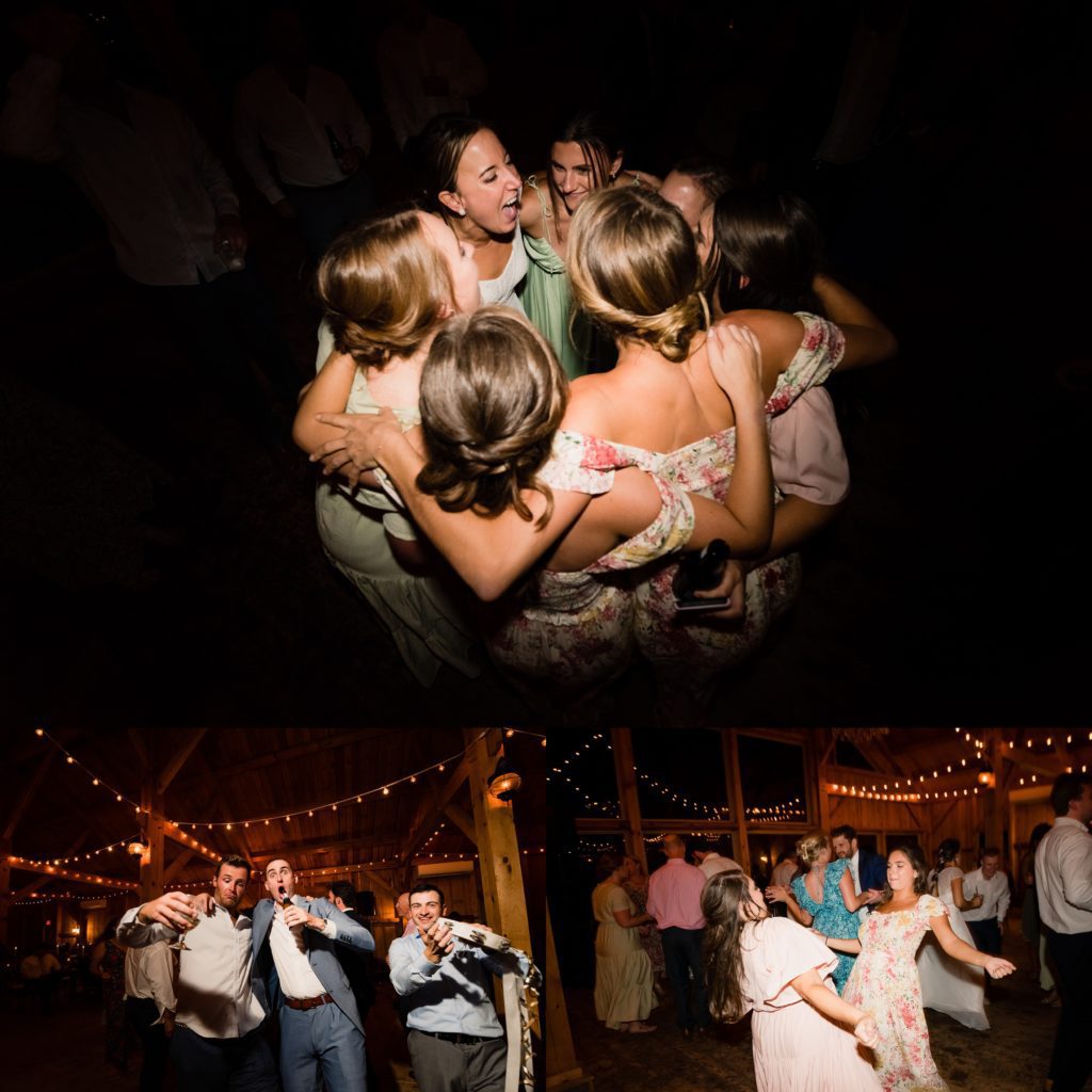 Dance floor shenanigans in Maine Barn Wedding Venue