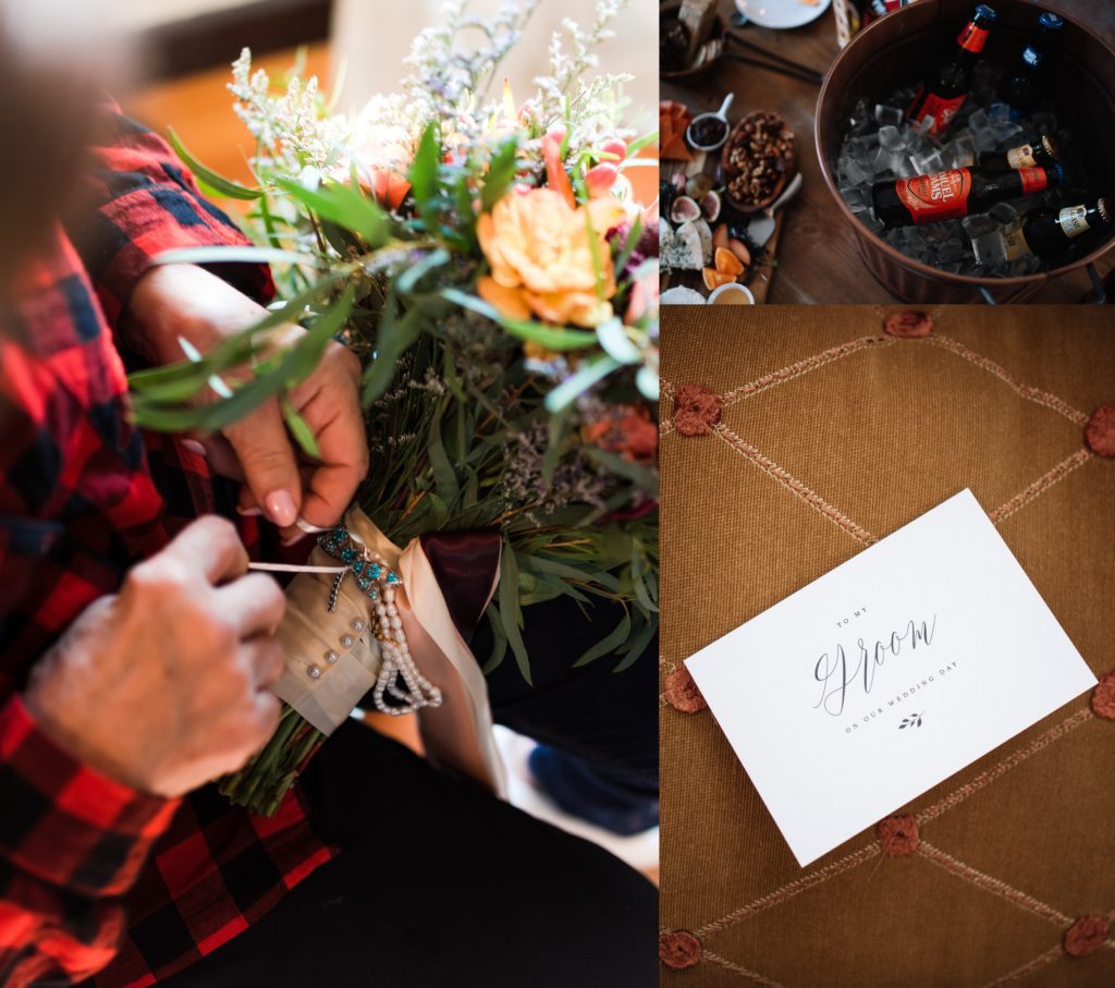 Mother attaching heirlooms to bride's bouquet