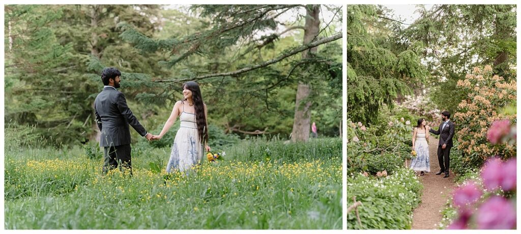 Couple walking through the Arnold Arboretum in Boston for their engagement session